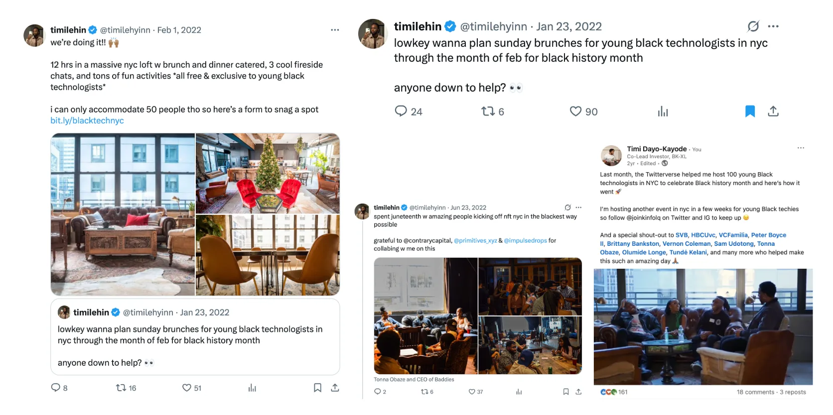 Tweets announcing the Black History Month brunch and recapping how 100 young Black technologists were hosted in NYC