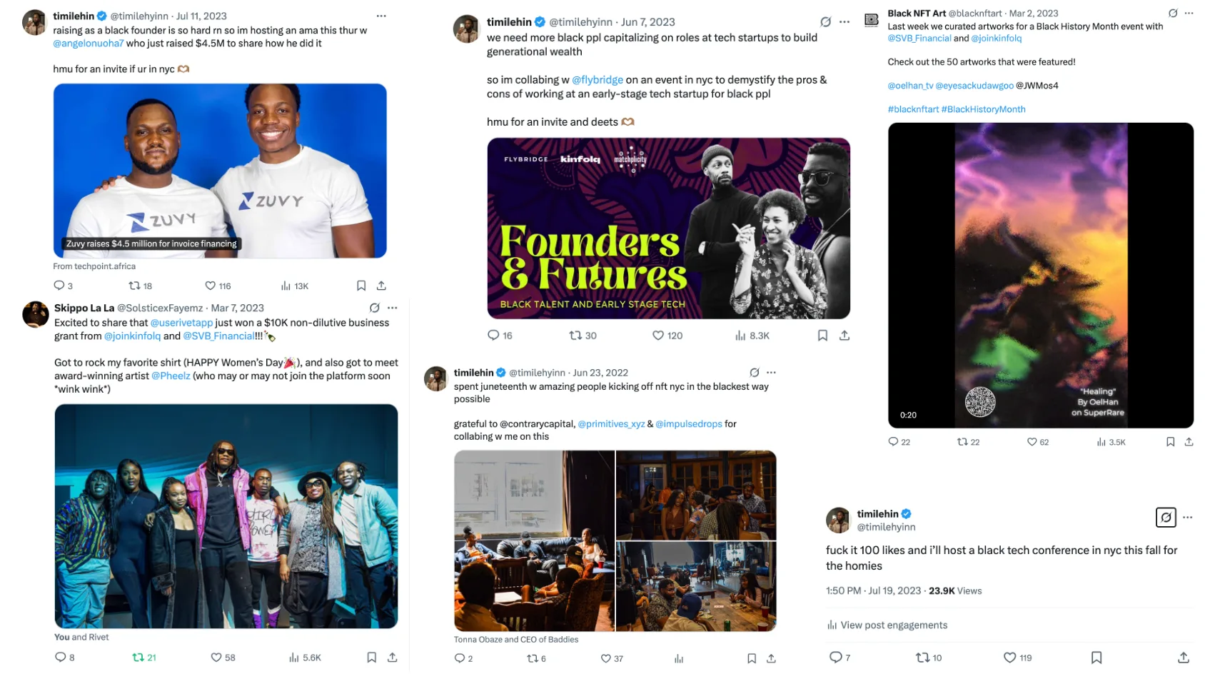 Tweets about the events: a founder AMA, the Founders and Futures event with Flybridge, curated Black NFT art with SVB, and the conference announcement