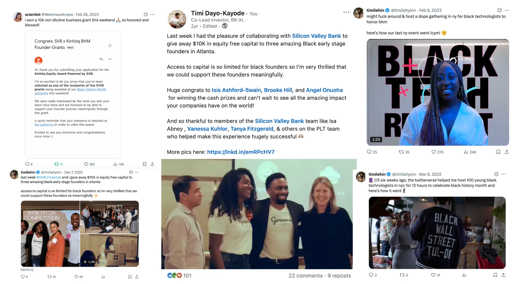 A founder celebrating a $10K SVB grant, and a LinkedIn post on giving three Atlanta founders equity-free capital